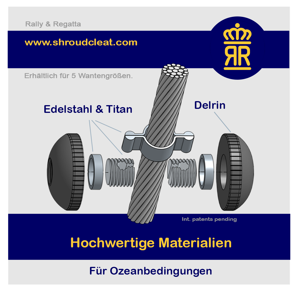 Die moderne Wantenklampe. Edelstahl Titan Delrin. Klein und Schlank im Vergleich zu herkömmlichen Wantenklampen. Keine Scheuerschäden an den Segeln. Erhältlich für 5 Wantengrößen. Erstaunlich-einfach.