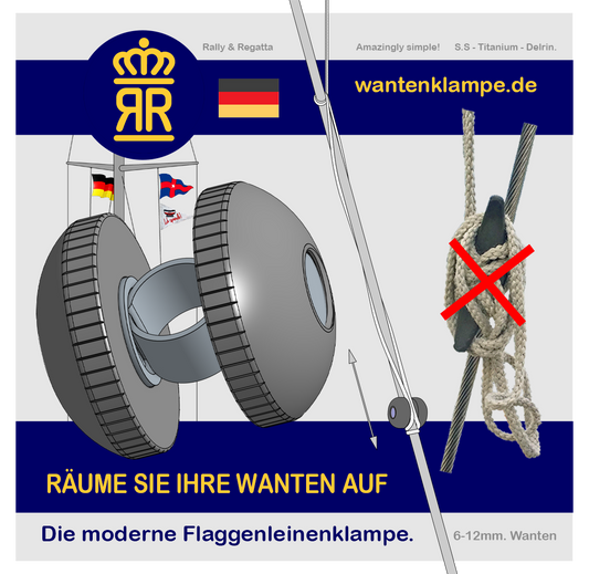 Die moderne Wantenklampe. Edelstahl Titanium Delrin. Klein und Schlank im Vergleich zu herkömmlichen Wantenklampen. Keine Scheuerschäden an den Segeln. Erhältlich für 5 Wantengrößen. Erstaunlich-einfach.