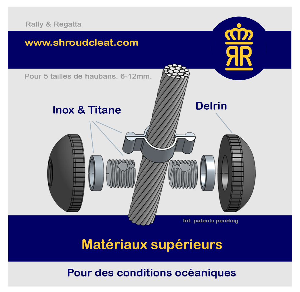 Taquet de hauban a bouton pour voiliers. Inox Titane Delrin. La manière élégante de fixer&nbsp; votre drisse de pavillon. D'une simplicité étonnante. Pratiquement aucun dommage dû au frottement des voiles. Petit et lisse par rapport aux taquets de hauban conventionnels. Installation facile. Faible dérive.